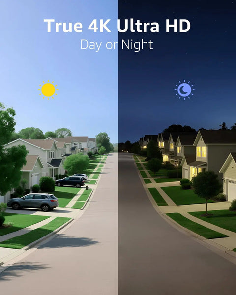 Day and night surveillance view with 4K PoE Security Camera System All In One With 8 Channel NVR, 6 Outdoor 8MP Turret Cams, 2TB HDD.