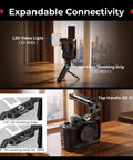 Pro Grade Camera Cage For Canon PowerShot V1 with video light and grip showing expandable connectivity, black.