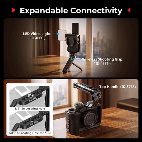 Pro Grade Camera Cage For Canon PowerShot V1 with video light and grip showing expandable connectivity, black.