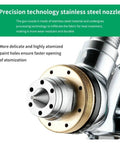 Close-up of Badass HVLP Pneumatic Paint Sprayer nozzle made of stainless steel, designed for precise atomization in paint jobs.