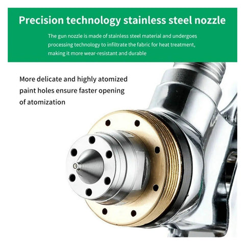 Close-up of Badass HVLP Pneumatic Paint Sprayer nozzle made of stainless steel, designed for precise atomization in paint jobs.