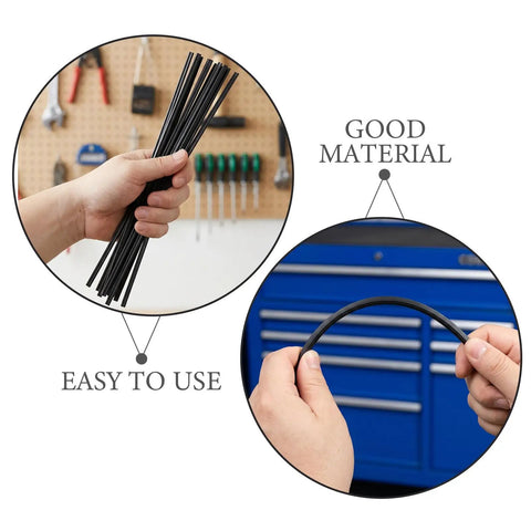 Black Plastic Welding Rods Set 100 Pcs Pro Grade Polypropylene 7.87 Inch Flexible and Durable for Car Bumpers and Kayak Repairs Easy DIY Weld Kit with Nearly Invisible Seam Finish, black PP rods held and bent