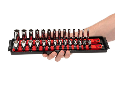 1/4 Inch Drive Socket Set With Rails And Trays, Shallow And Deep 6 Point Sockets, 50 Piece SAE And Metric, held in hand
