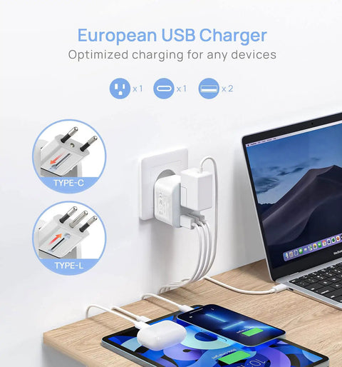All In One Universal EU Travel Plug Adapter With Foldable Travel Ready Design And 3 USB Ports 1 USB C Port And 1 AC Outlet US To Europe Charger For France Germany Spain Italy And More Type C And L Compatible in use with USB and AC devices at a desk.