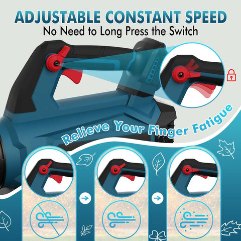 Cordless Leaf Blower 630 CFM 160 MPH 21V With Dual 4Ah Batteries And Charger Included Battery showing adjustable speed feature