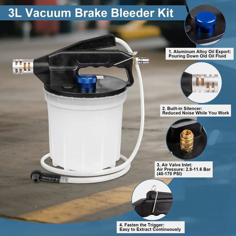 One Person Pneumatic Brake Bleeder Kit With 3 Liter Vacuum System shown with aluminum alloy export and silencer