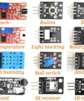 Close-up of 12 sensor modules from the 38 In 1 Sensor Module Kit For Arduino And Raspberry Pi Projects With 0.96 Inch OLED Screen, labeled with functions.