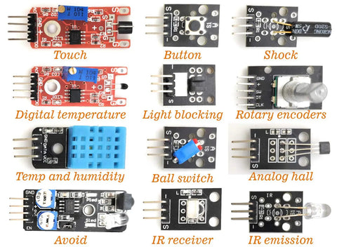 Close-up of 12 sensor modules from the 38 In 1 Sensor Module Kit For Arduino And Raspberry Pi Projects With 0.96 Inch OLED Screen, labeled with functions.