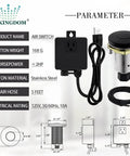 Garbage Disposal SinkTop Air Switch Kit With Matte Black Button, stainless steel finish, shown with air hose and parameters.