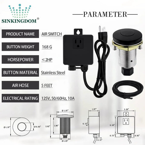 Garbage Disposal SinkTop Air Switch Kit With Matte Black Button, stainless steel finish, shown with air hose and parameters.