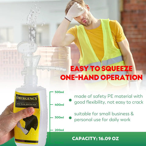 Upgraded Portable Eye Wash Station OSHA Approved Emergency Eye Wash Kit With Sturdier Bottle Holder And Bigger Mirror For Grab And Go Includes 2 Empty 16.9 Oz Eyewash Bottles No Solution White Cap in use by a worker