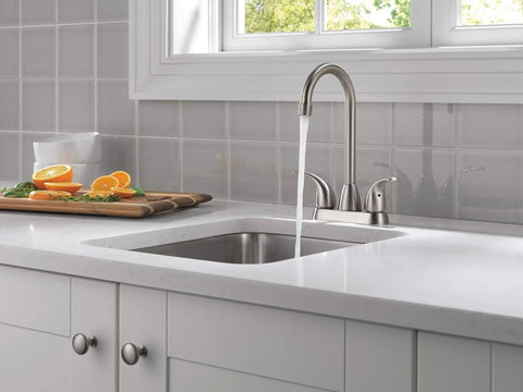 Tunbridge Two Handle Bar Prep Kitchen Sink Faucet In Stainless Finish With Easy Install For 3 Hole 4 Inch Setups 360 Degree Swivel Arc