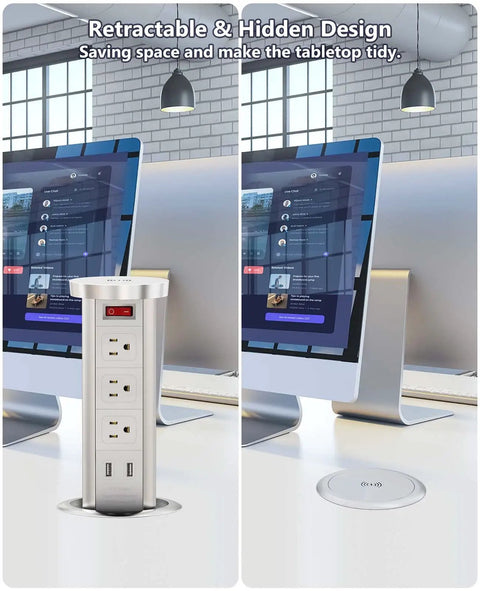 Pop Up Power Outlet With Wireless Charger Automatic Lift 3 Outlets And 2 USB Ports 10W Fast Wireless Pad 4 Inch Recessed Office Station