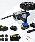 Liuyunfei 21V Cordless Electric Fish Tape Wire Puller With Brushless Motor and Dual 3000Mah Batteries and accessories on white background.
