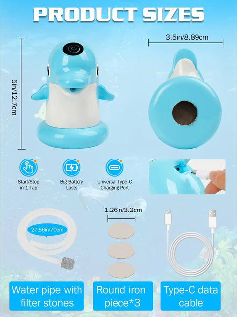 Dolphin Water Table Pump With Magnetic Base No Drill 3 Hour Runtime, blue dolphin pump, charger, and parts shown.