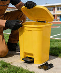 Installation of soft close damper for trash can lids, 6 pack hydraulic lid piston with quiet close buffer on a yellow step can.