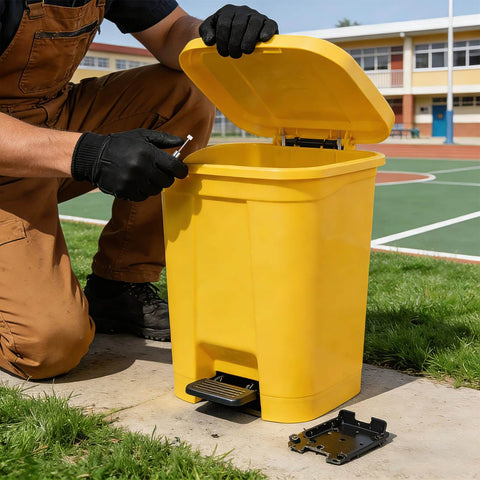 Installation of soft close damper for trash can lids, 6 pack hydraulic lid piston with quiet close buffer on a yellow step can.