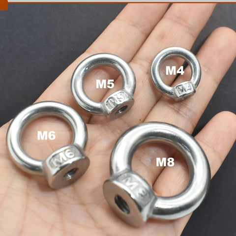Go Anywhere Stainless M6 Eye Nuts Heavy Duty Shoulder Thread Ring Mounting Fasteners 10 Pack on hand, showcasing sizes M4-M8.