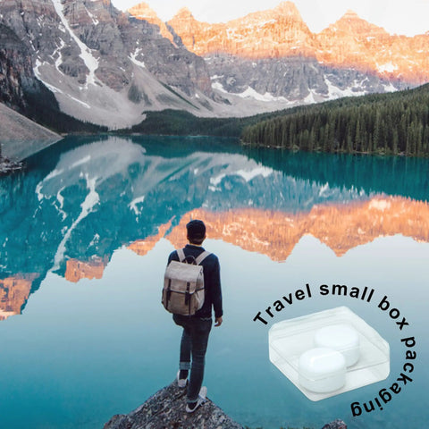Traveler with backpack overlooking lake and mountains, inset of travel small box packaging for 14 Pairs Silicone Ear Plugs For Sleeping And Travel.