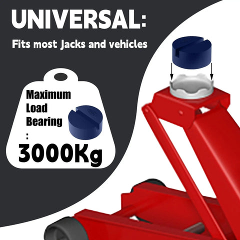 Blue Floor Jack Pad Universal Jack Stand Rubber Pinch Protector Car Adapter Kit 2 Pack 3 Ton Capacity For Cars SUVs Trucks Sedans MPVs Pickups Oil Change And Tire Repair Must Have Tool on a red floor jack.