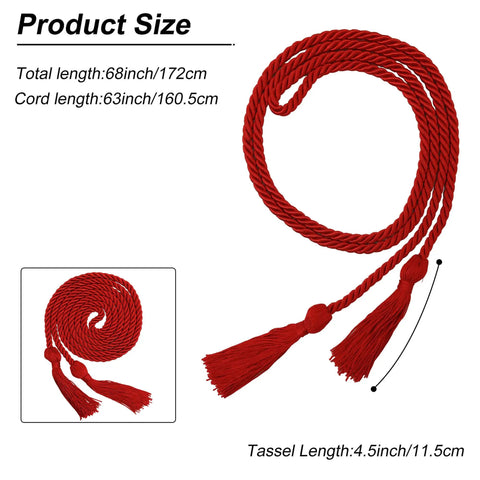 Red 68 Inch Graduation Honor Cord With Tassels At Both Ends, Durable Polyester Yarn, Knotted Ends, Classic Ceremony Accessory For Grads