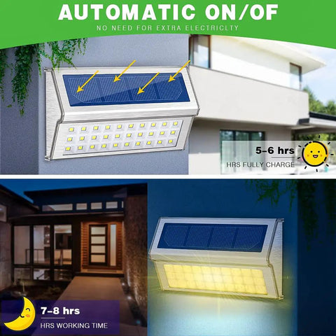 6 Pack Solar Step Lights Outdoor Warm White Stainless Steel With Auto On Off For Decks Steps Fence Patio Yard Pathway Upgraded Monocrystalline Panel For Longer Run Time mounted and illuminated