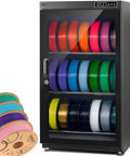 Keep Your Filament Dry To A T With This 3D Printer Humidity Control Box featuring colorful filament rolls in a sleek black cabinet.