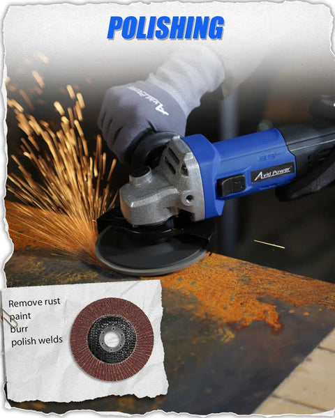 Rugged 7.5 Amp Angle Grinder With 4 1/2 Inch Wheel in use, showing sparks while polishing metal surface, includes extra discs.