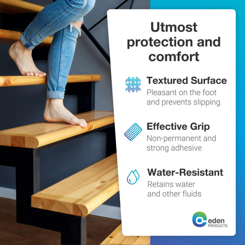 Barefoot person stepping on wooden stairs with Clear Non Slip Carpet Stair Treads For Wooden Steps 15 Pack 30 By 8 Inches Peel And Stick Slip Resistant Mats Indoor Outdoor Safe Traction For Stairs And Runners on the side.