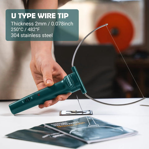 Person using Hot Wire Foam Cutter Tool Kit with U Type Wire Tip for Polystyrene and Styrofoam, ergonomic handle visible