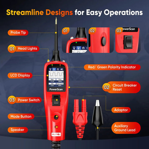 PowerScan PS100 Power Circuit Probe Kit For All 12V And 24V Cars, pro grade automotive diagnostic tool with LCD display and probe tip