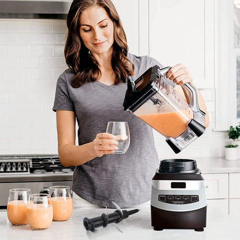 Woman pouring smoothie using Six Blade Replacement Blender Kit For High Power Ninja Systems 1100 1200 1500 Watt Pitcher 72 Oz Compatible Blades