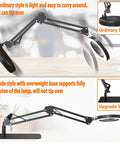 Comparison of ordinary style and upgraded 10X LED Desk Magnifier With Stand And Real Glass Lens showing arm extension and base stability