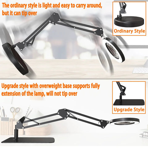 Comparison of ordinary style and upgraded 10X LED Desk Magnifier With Stand And Real Glass Lens showing arm extension and base stability