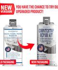 Comparison of old and new packaging for Quartz Countertop Repair Kit White Quick Dry Permanent Fix For Edge Chips Cracks Scratches.