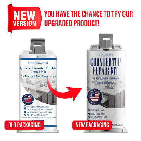 Comparison of old and new packaging for Quartz Countertop Repair Kit White Quick Dry Permanent Fix For Edge Chips Cracks Scratches.