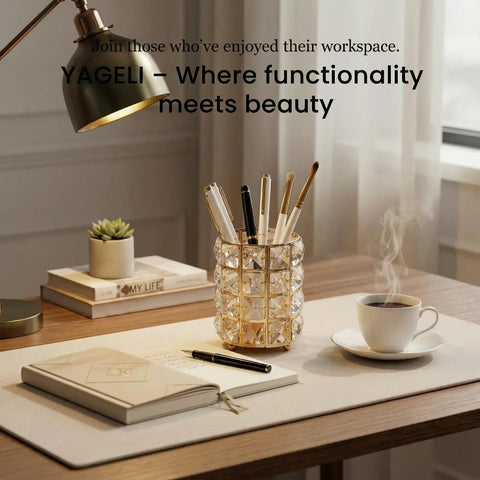 Crystal Pen Holder For Desk With Gold And Silver Metal Base on modern office desk with coffee.