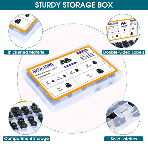 Storage box containing Big Ol 160Pcs Nylon Acorn Nut Set Kit Black Dome Nuts For Protecting Hex Bolts M3 M4 M5 M6 M8 M10 assortment pack.
