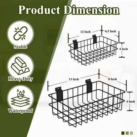 Diagram of 4 Pack Heavy Duty Slatwall Baskets Set For Garage And Shop Organization with dimensions and features listed.