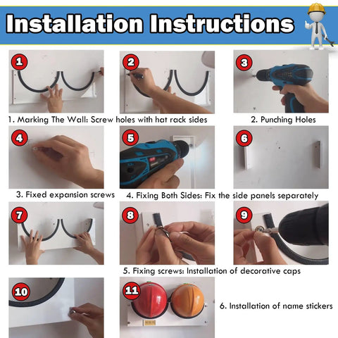 Installation steps for Wall Mounted Hard Hat Holder with Hook for Industrial Helmet Storage, shown in 11 steps with tools and hands.