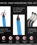 Swivel-head deburring tool kit with blue textured metal handle and replacement blades