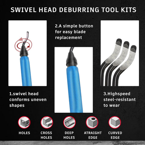 Swivel-head deburring tool kit with blue textured metal handle and replacement blades