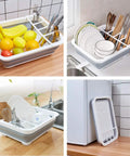 Collapsible Dish Drying Rack With Built-In Utensil Drying Rack, Portable Kitchen Organizer for RV Campers, in use and stored.