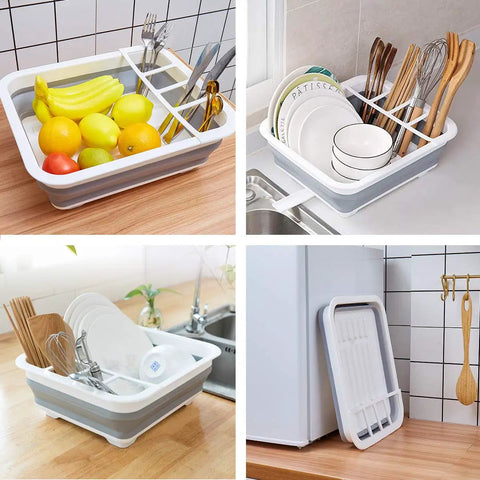 Collapsible Dish Drying Rack With Built-In Utensil Drying Rack, Portable Kitchen Organizer for RV Campers, in use and stored.