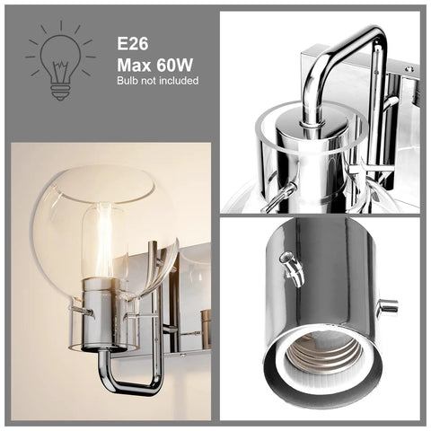 Gold 4 Light Vanity Light Fixture With Globe Clear Glass Shades for Over Mirror Bathroom shown close-up with bulb detail.