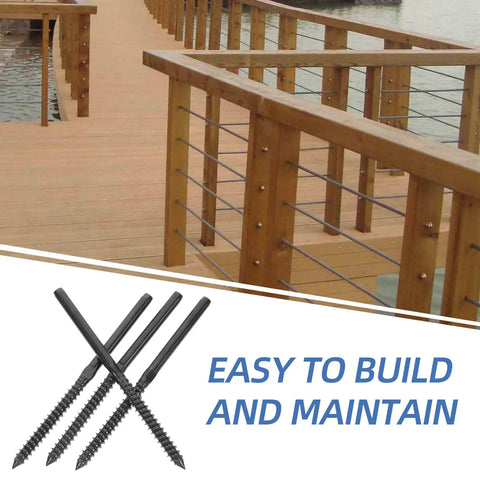 Pro Grade Stainless Steel Wire Rope Terminal Kit With Threaded Cable End Fittings For Sleek Stair And Balcony Railing Clean Look No Sweat Install Four Piece Set shown with black fittings on a wooden railing.