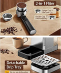 2-in-1 Filter for 20 Bar Espresso Coffee Maker delivering smooth barista shots at home, showing single and double cup options.