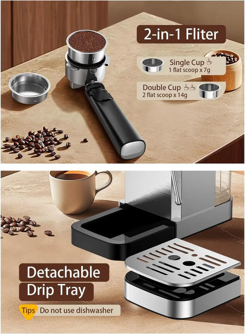 2-in-1 Filter for 20 Bar Espresso Coffee Maker delivering smooth barista shots at home, showing single and double cup options.