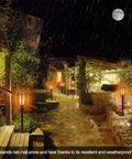 43 Inch Solar Torch Lights With Realistic Flickering Flames 2 Pack illuminating a rainy backyard path at night