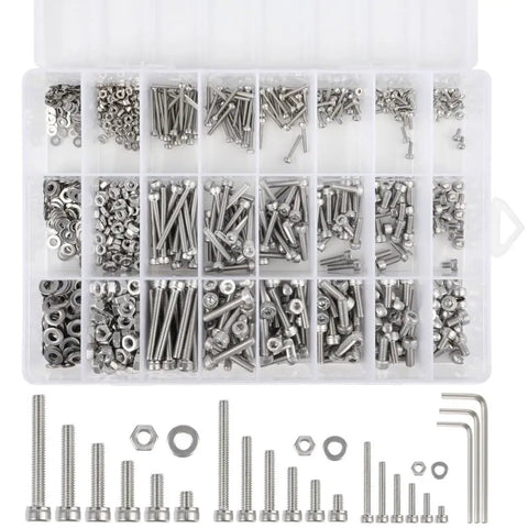All In One Hex Screws Nuts Washers Kit 1080 Piece Set M2 M3 M4 Stainless Steel With 3 Wrenches For Home Repairs Woodworking And DIY Projects Great For Home Maintenance And Quick Fixes, organized in storage box
